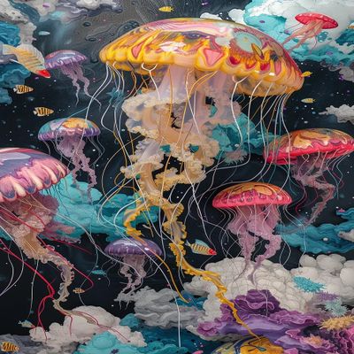 Wooden Puzzles Painting of Jellyfish with Colorful Fish and Clouds 1000 Pieces Adult Educational Jigsaw Puzzles Puzzle Props Home Decor Color Puzzles Fun Games