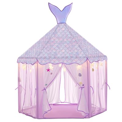 BRINJOY Princess Tent for Girls with Lights, Large Pretend Play Tent Castle w/Carry Bag & Stickers & Detachable Fishtail Top Indoor Outdoor, 67x55 Ocean-Theme Kids Playhouse Gift for Toddler Age 3+