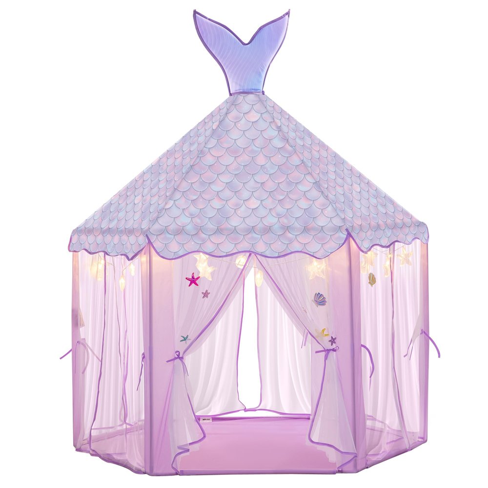 BRINJOY Princess Tent for Girls with Lights, Large Pretend Play Tent Castle w/Carry Bag & Stickers & Detachable Fishtail Top Indoor Outdoor, 67x55 Ocean-Theme Kids Playhouse Gift for Toddler Age 3+