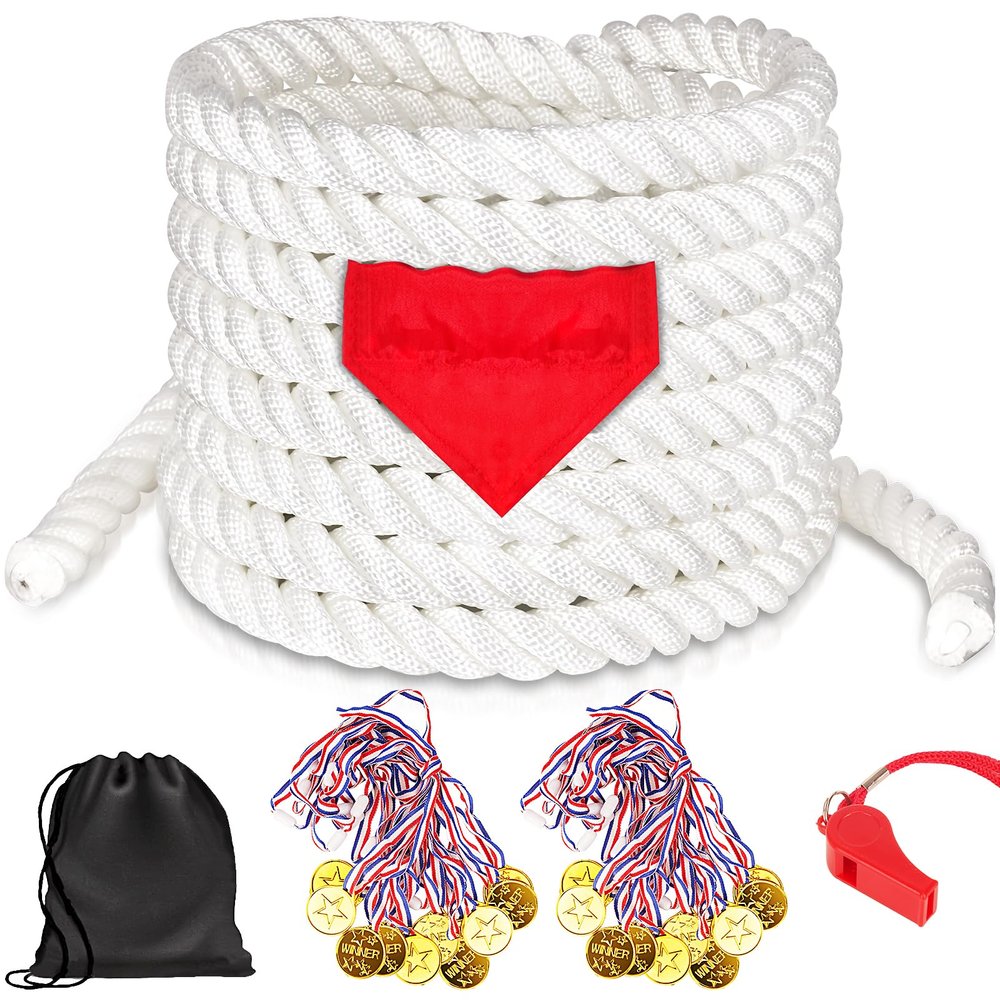 ZEROMX 60Ft Tug of War Rope for Kids and Adults, Outdoor Lawn Yard Family Reunion Birthday Party Games, Tug of War Rope with Flag for Team Building Activities Field Day Game Carnival Games (White)