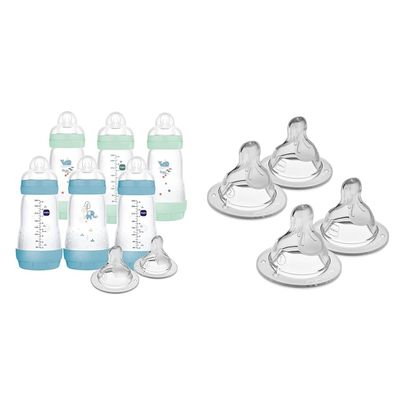 9 oz MAM Easy Start Boy Baby Bottle 6 Pack with Slow & Medium Flow Nipples, Level 1 & 2, 4 Pack