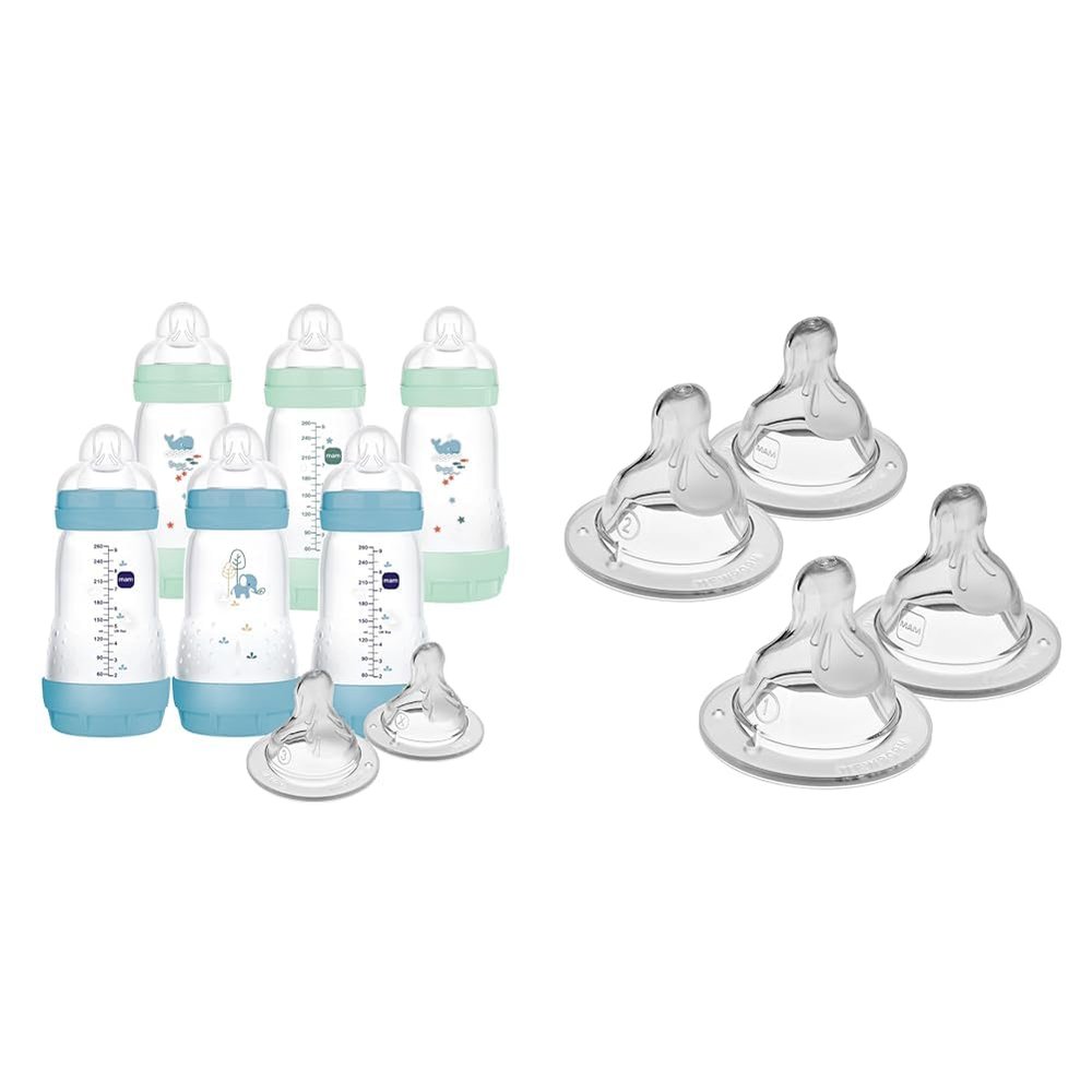 9 oz MAM Easy Start Boy Baby Bottle 6 Pack with Slow & Medium Flow Nipples, Level 1 & 2, 4 Pack