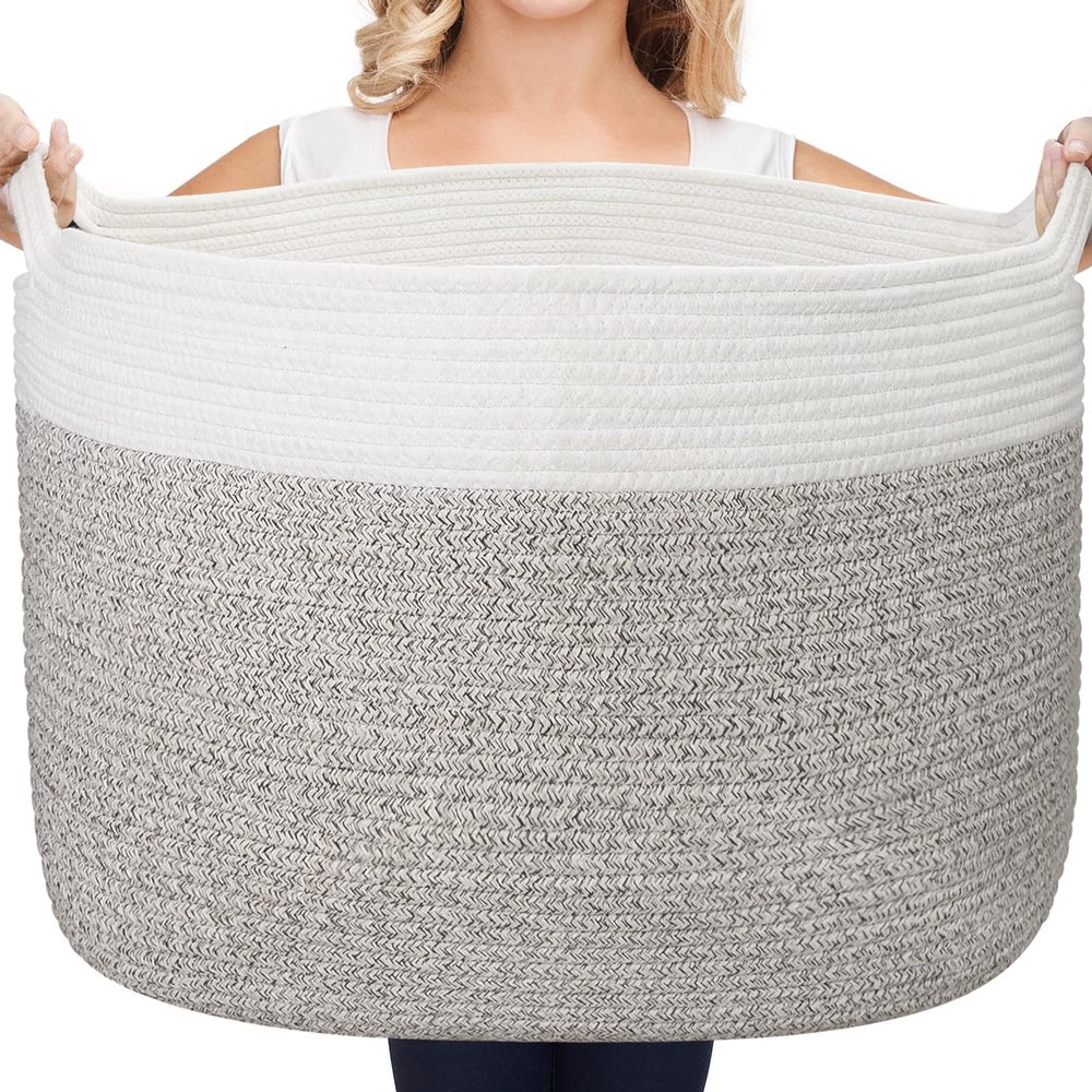 AivaToba Laundry Basket, 22 x 14 Blanket Basket for Living Room, Storage Basket Cotton Rope Basket with Handles for Toys, Storage, Large Basket for Organizing