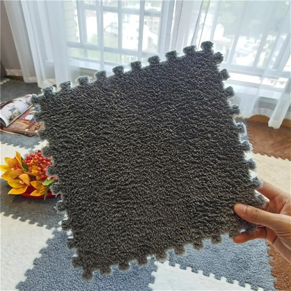 10pcs Fluffy Area Rugs,Fuzzy Soft & Protective Floor Cushion Mats,Interlocking Plush Fluffy Rug Climbing Area Carpet Squares Puzzle Floor Tiles for Home Playroom(Dark Gray)