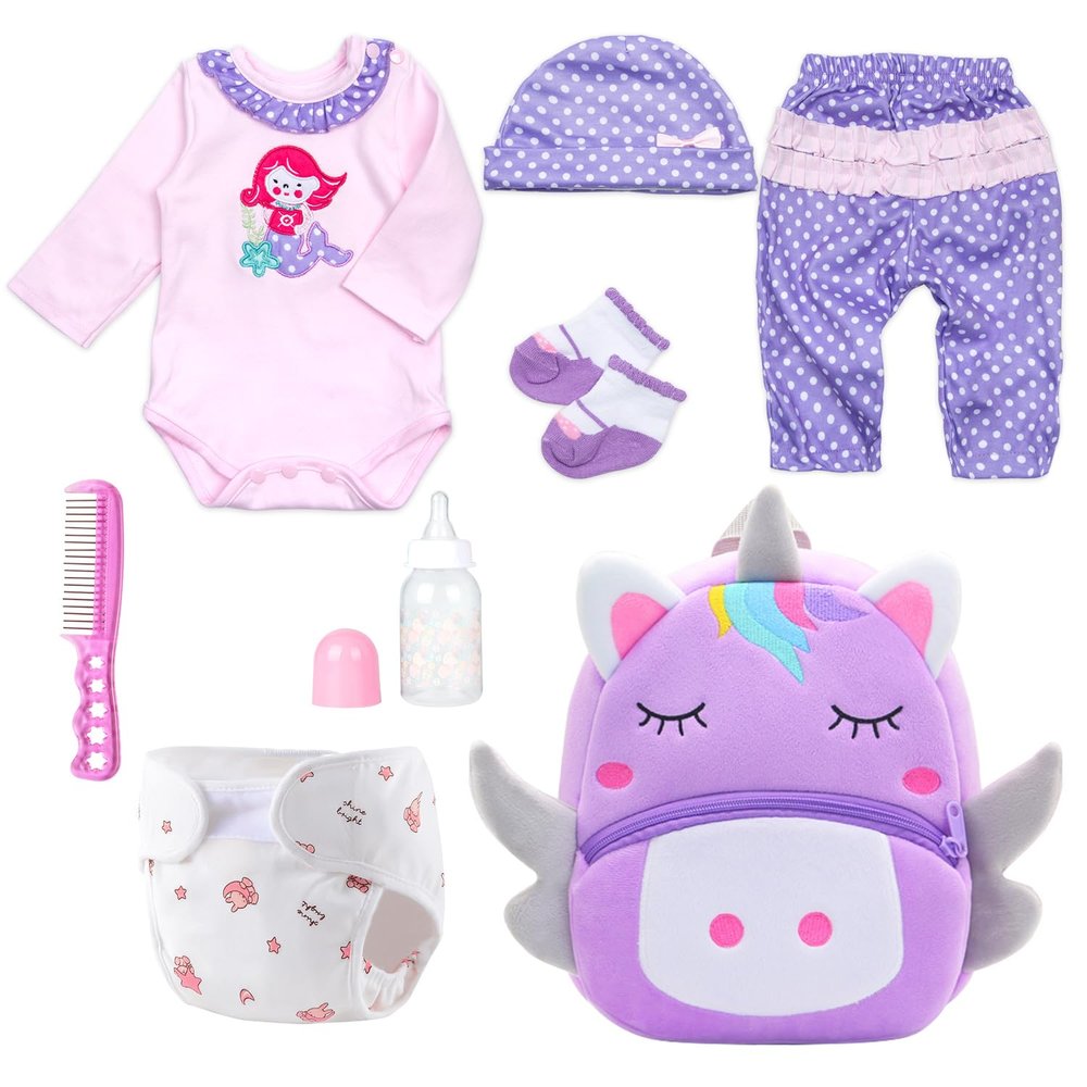 8 Pcs Reborn Baby Girl Doll Clothes Outfit Accessories with Backpack fit for 17-22 Inch Reborn Doll Newborn Baby Girl