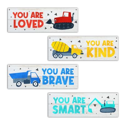 4 Pcs Construction Vehicles Wall Decor Sign, Inspirational Quotes Wall Art Gift For Boy Room Girl Room, Truck Themed Wooden Hanging Plaque Sign For Kids Room Playroom Bedroom Nursery Classroom -01