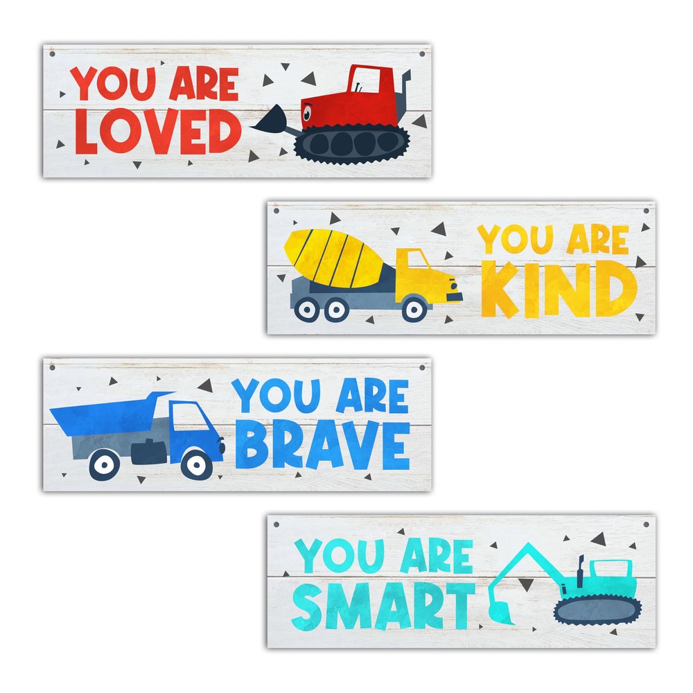 4 Pcs Construction Vehicles Wall Decor Sign, Inspirational Quotes Wall Art Gift For Boy Room Girl Room, Truck Themed Wooden Hanging Plaque Sign For Kids Room Playroom Bedroom Nursery Classroom -01