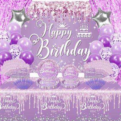 116 Pcs Purple Silver Birthday Decorations for Women Girls, Happy Birthday Banner Foil Balloons Plates Cups Napkins Tablecloth Purple Party Set Fringe Curtains Disposable Tableware Serve 20 Supplies