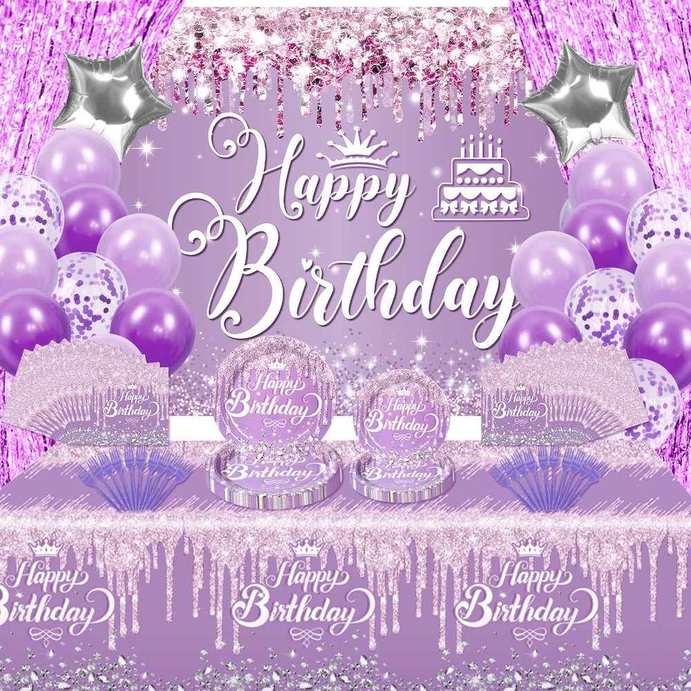 116 Pcs Purple Silver Birthday Decorations for Women Girls, Happy Birthday Banner Foil Balloons Plates Cups Napkins Tablecloth Purple Party Set Fringe Curtains Disposable Tableware Serve 20 Supplies