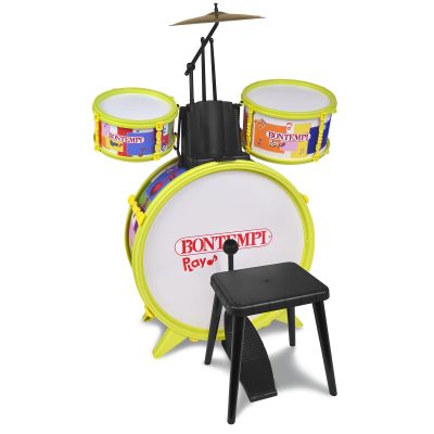 Bontempi | BeatMasterPro - Classic Drum Kit of 4 Elements, with Stool and Two Drumsticks for an Unforgettable Experience, Yellow, 68x50x50cm