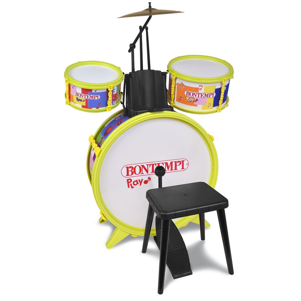 Bontempi | BeatMasterPro - Classic Drum Kit of 4 Elements, with Stool and Two Drumsticks for an Unforgettable Experience, Yellow, 68x50x50cm