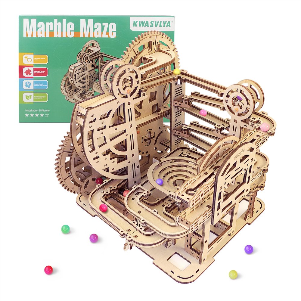 KWASVLYA 3D Wooden Marble Maze Puzzle for Adults & Teens, DIY Challenging Model Building Kit - Hand-Assembled Mechanical Brain Teaser, Home Office Desk Decor & Stress Relief Toy (Marble Maze)