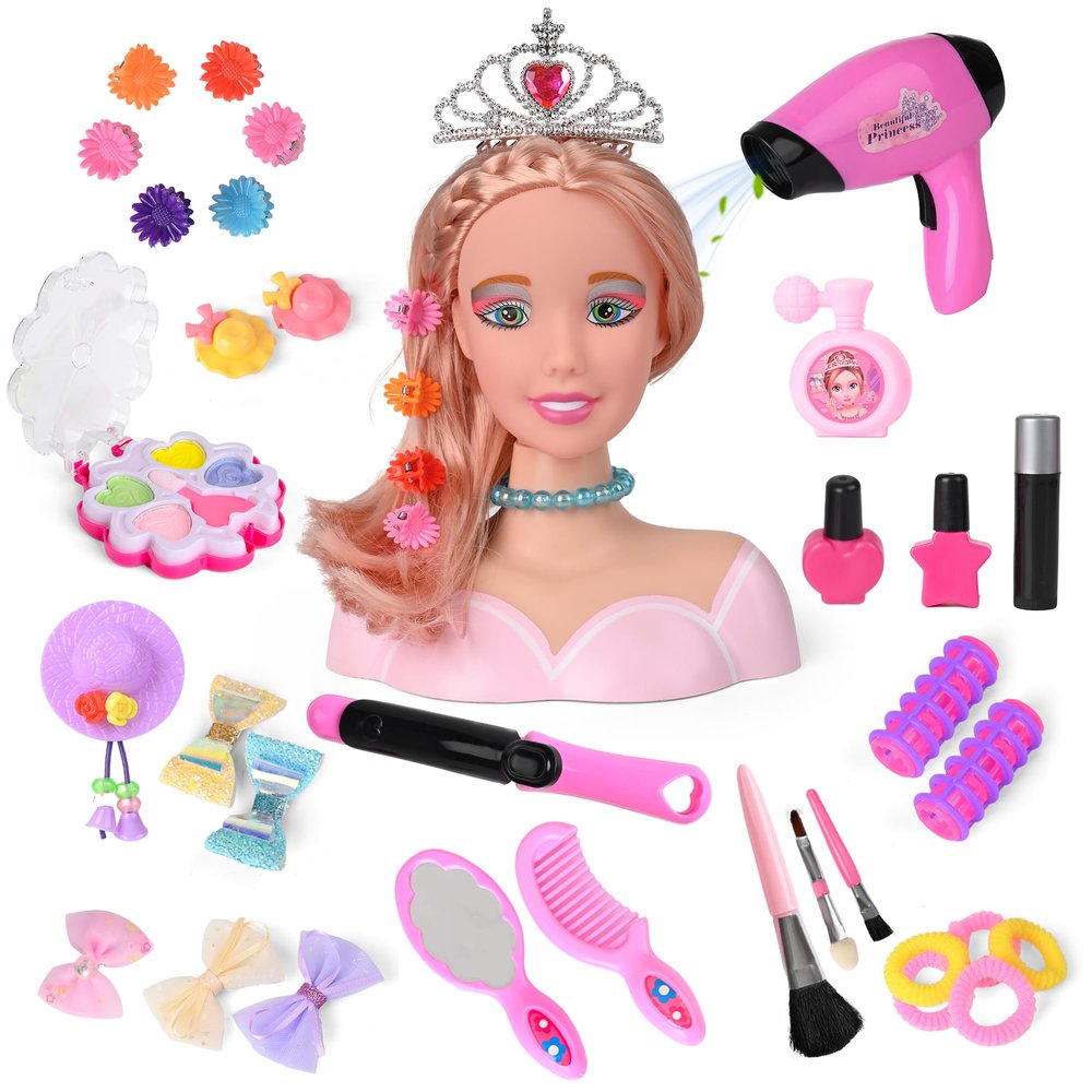 36PCS Doll Head Hair Styling Makeup Toy Set Kids Pretend Play Styling Set with Hairdryer Curling Iron Crown Accessories Beauty Stylist Kit Gifts for 3 4 5 6+ Years Old