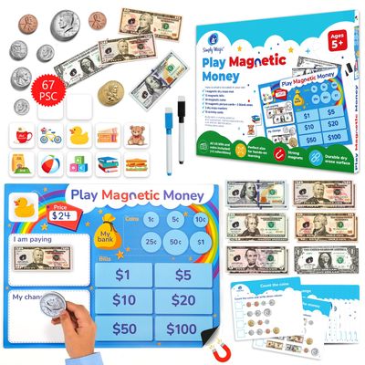 Simply magic 67 PCS Play Money for Teaching - Magnetic Money for Classroom Activity Set, Pretend Play Money Magnets for Kids, Money Manipulatives & Games, Toy Toddler Money, Learning Coins, Bills