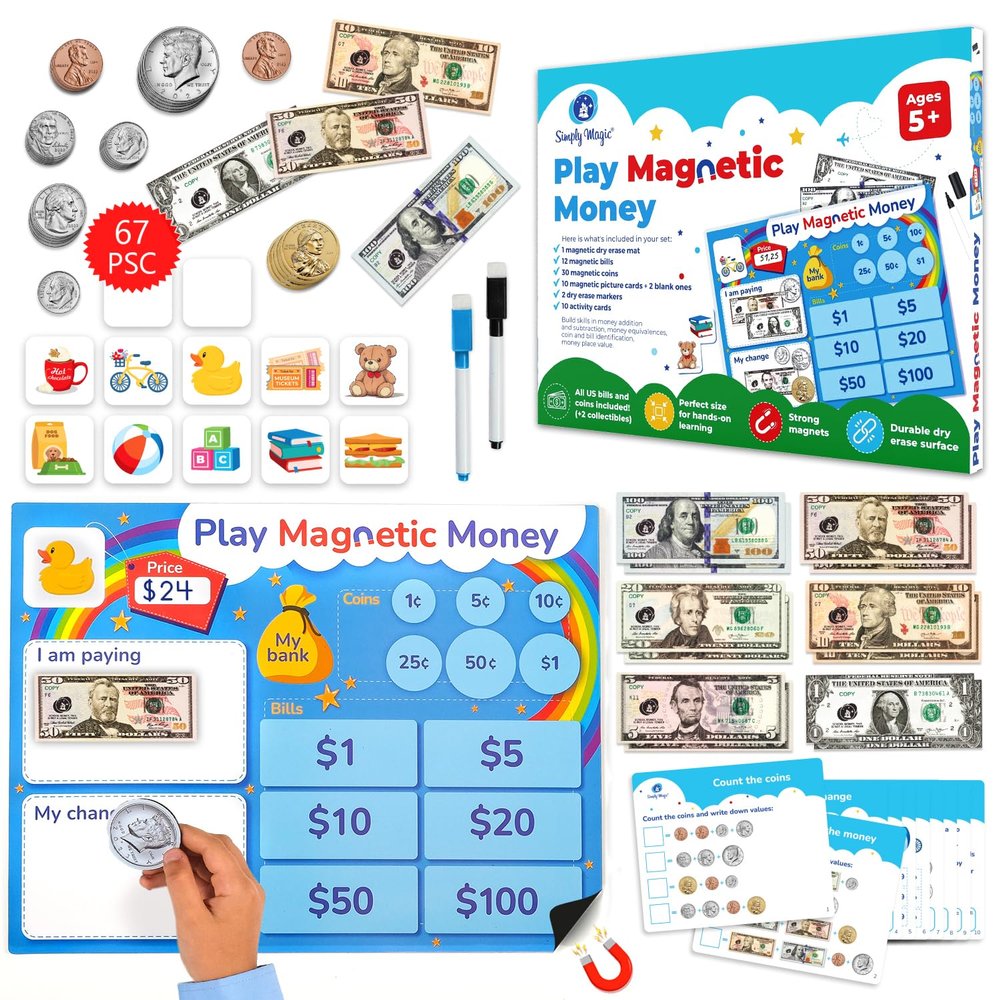 Simply magic 67 PCS Play Money for Teaching - Magnetic Money for Classroom Activity Set, Pretend Play Money Magnets for Kids, Money Manipulatives & Games, Toy Toddler Money, Learning Coins, Bills