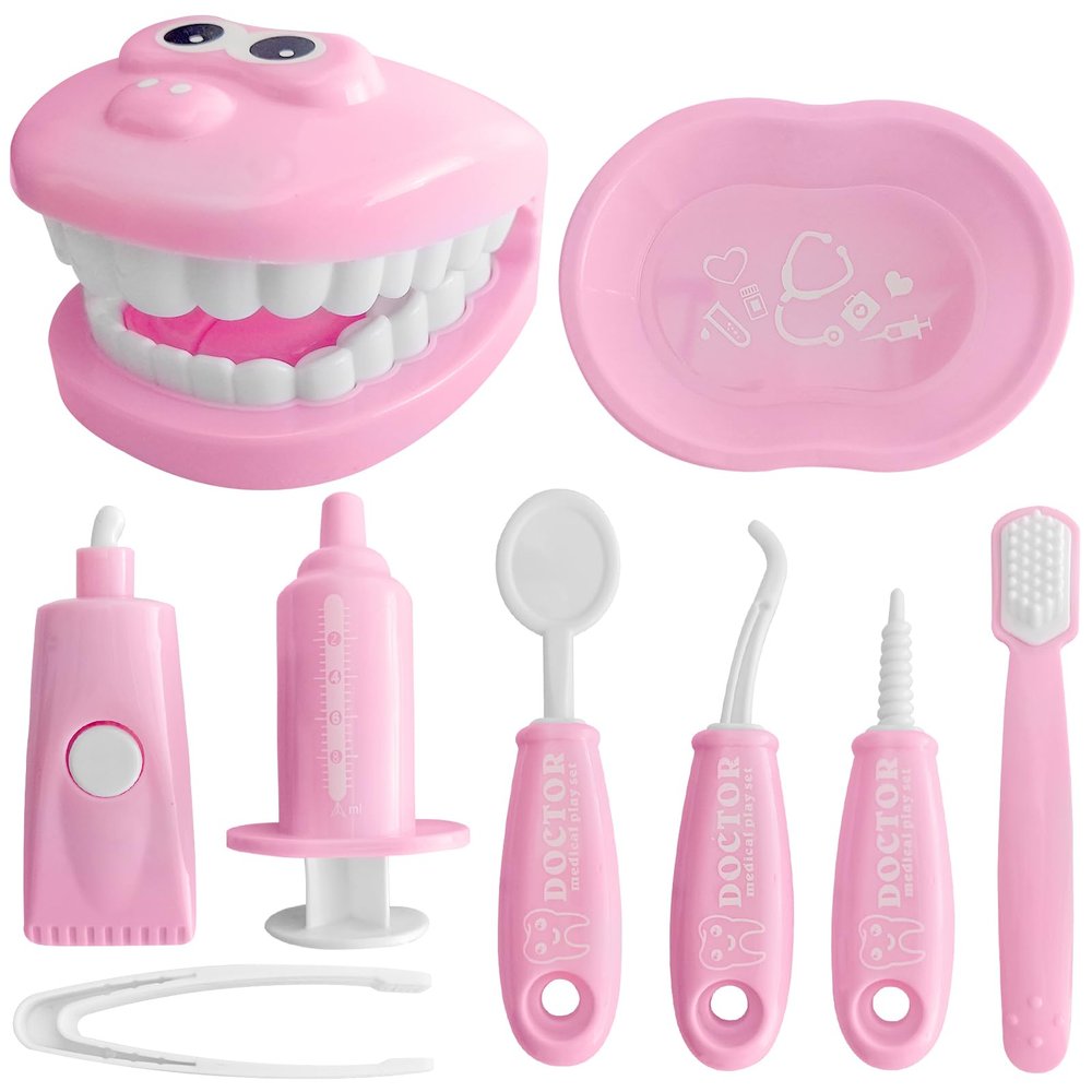 9-Piece Dental Pretend Play Set, Educational Dentist Play Kit with Teeth Model, Toothbrush, Dental Mirror, Syringe, Toothpaste, Tray, and Dental Tools, Fun Pretend Play Doctor Kit for Kids (Pink)