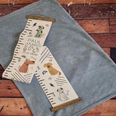 Personalized Baby Boy Nursery Canvas Growth Chart - Dogs Puppy Measuring Wall Tape - Customized with Name Birth Stats - Ready to Hang Kids Height Wall Chart
