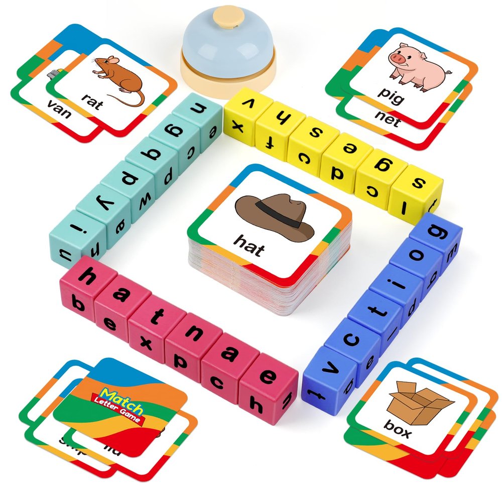 Edulok Word Race Cube - Preschool Wooden Alphabet Letter Blocks & Phonics Matching Games - CVC Word Learning Toys