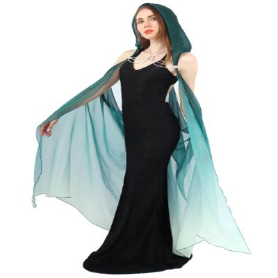 DAZCOS Women's Chiffon Hooded Cape Elf Sheer Cloak Tulle Bridal Off Shoudler Capelet (Green)