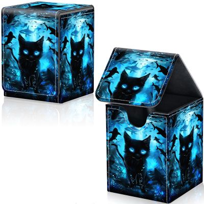 Qindaiwen Card Deck Box for Trading Cards, MTG Deck Box Fits 100+ Single Sleeved Cards, PU Leather Strong Magnet Card Deck Case Holder for Magic Commander TCG CCG, Cat Blue Eyes