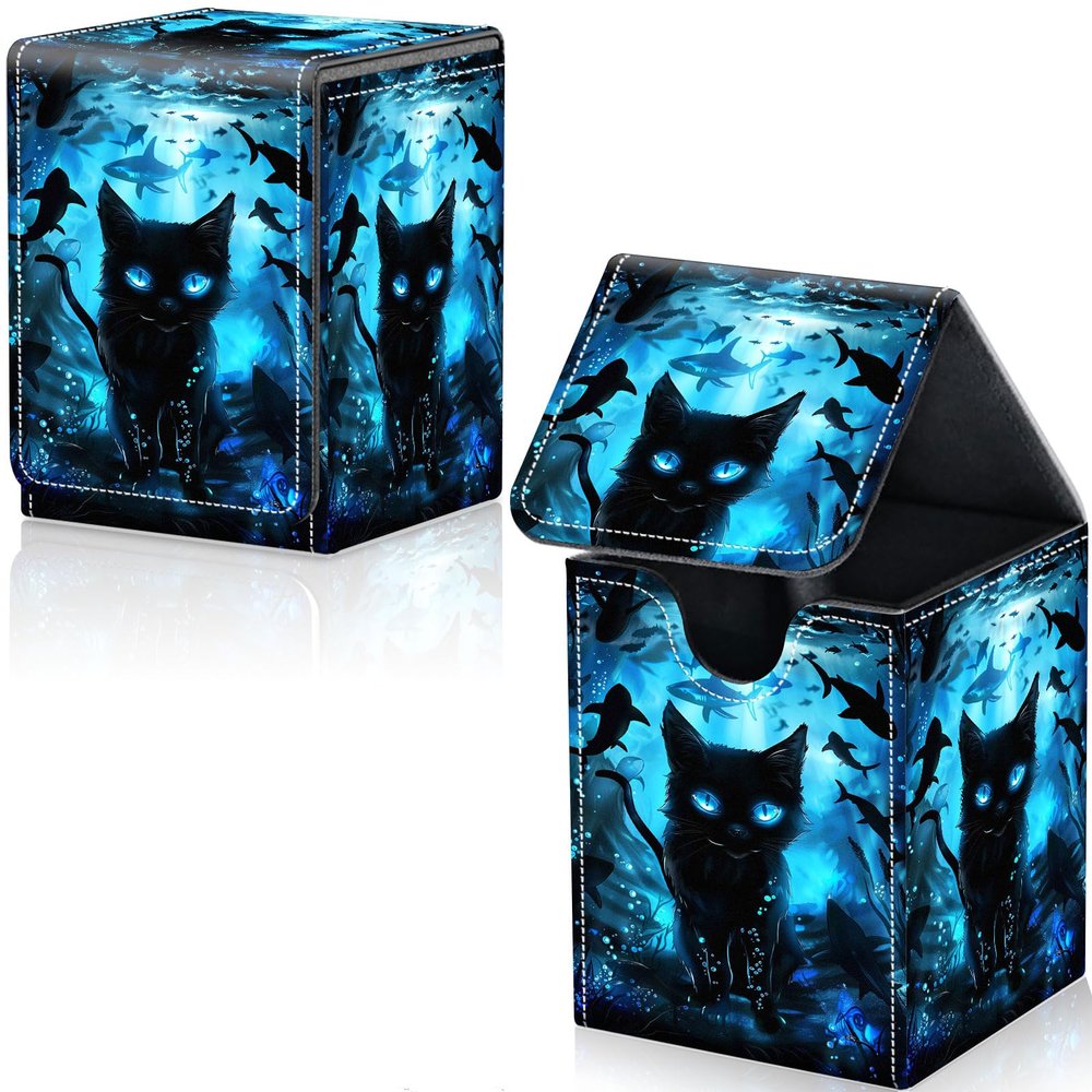 Qindaiwen Card Deck Box for Trading Cards, MTG Deck Box Fits 100+ Single Sleeved Cards, PU Leather Strong Magnet Card Deck Case Holder for Magic Commander TCG CCG, Cat Blue Eyes