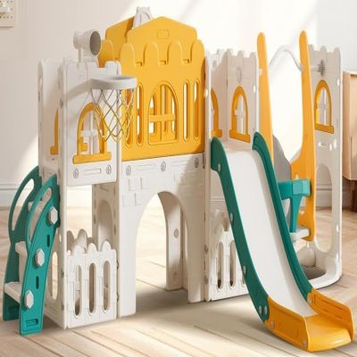 10 in 1 Toddler Slide Kids Indoor Outdoor Playset for Age 1+ with Basketball Hoop Telescope Climbing Ladder Crawl-Through Tunnel Swing for Playground