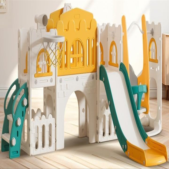 10 in 1 Toddler Slide Kids Indoor Outdoor Playset for Age 1+ with Basketball Hoop Telescope Climbing Ladder Crawl-Through Tunnel Swing for Playground