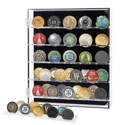 Challenge Coin Display Case, Acrylic Wall Mount Military Coin Holder Display Cabinet Rack, Shadow Box fits 45 Military Medals Poker Chip for Badges Ribbons Insignia Buttons