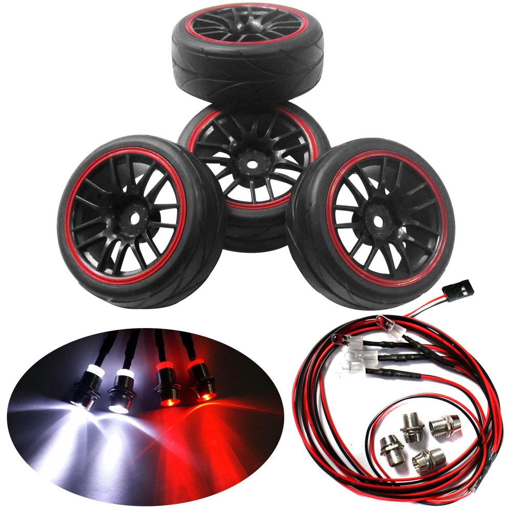 4LED Light Headlights Taillight Kit Accessories & 12mm Hex Wheel Rims & OD 2.59" Rubber Tires