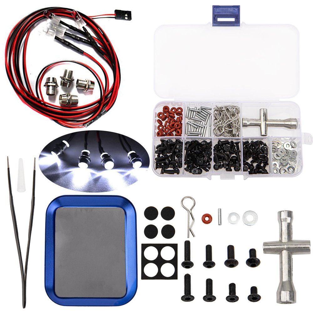 4Leds LED Light Headlights Taillight Kit Accessories & Universal RC Screws Kit,M3 Screws Flat washers R Clips Hexagon Wrench Repair Tool Box with Magnetic Screw Tray