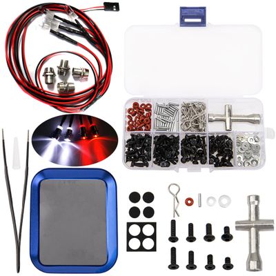 4LED Light Headlights Taillight Kit Accessories & Universal RC Screws Kit,M3 Screws Flat washers R Clips Hexagon Wrench Repair Tool Box with Magnetic Screw Tray