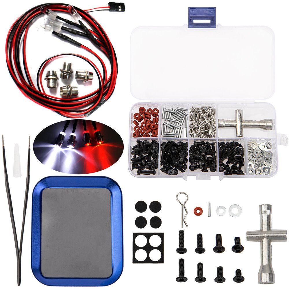 4LED Light Headlights Taillight Kit Accessories & Universal RC Screws Kit,M3 Screws Flat washers R Clips Hexagon Wrench Repair Tool Box with Magnetic Screw Tray
