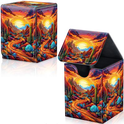 Qindaiwen Card Deck Box for Trading Cards, MTG Deck Box Fits 100+ Single Sleeved Cards, PU Leather Strong Magnet Card Deck Case Holder for Magic Commander TCG CCG, Desert Landscape