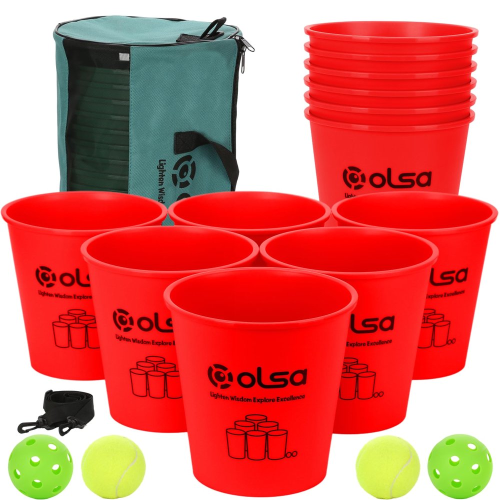Olsa Giant Pong Yard Games, Yard Pong Outdoor Game for Adults and Family, Toss Backyard Lawn Games with 12 Buckets, Balls, Strength Carrying Bag for Beach Camping Backyard Party(Red)
