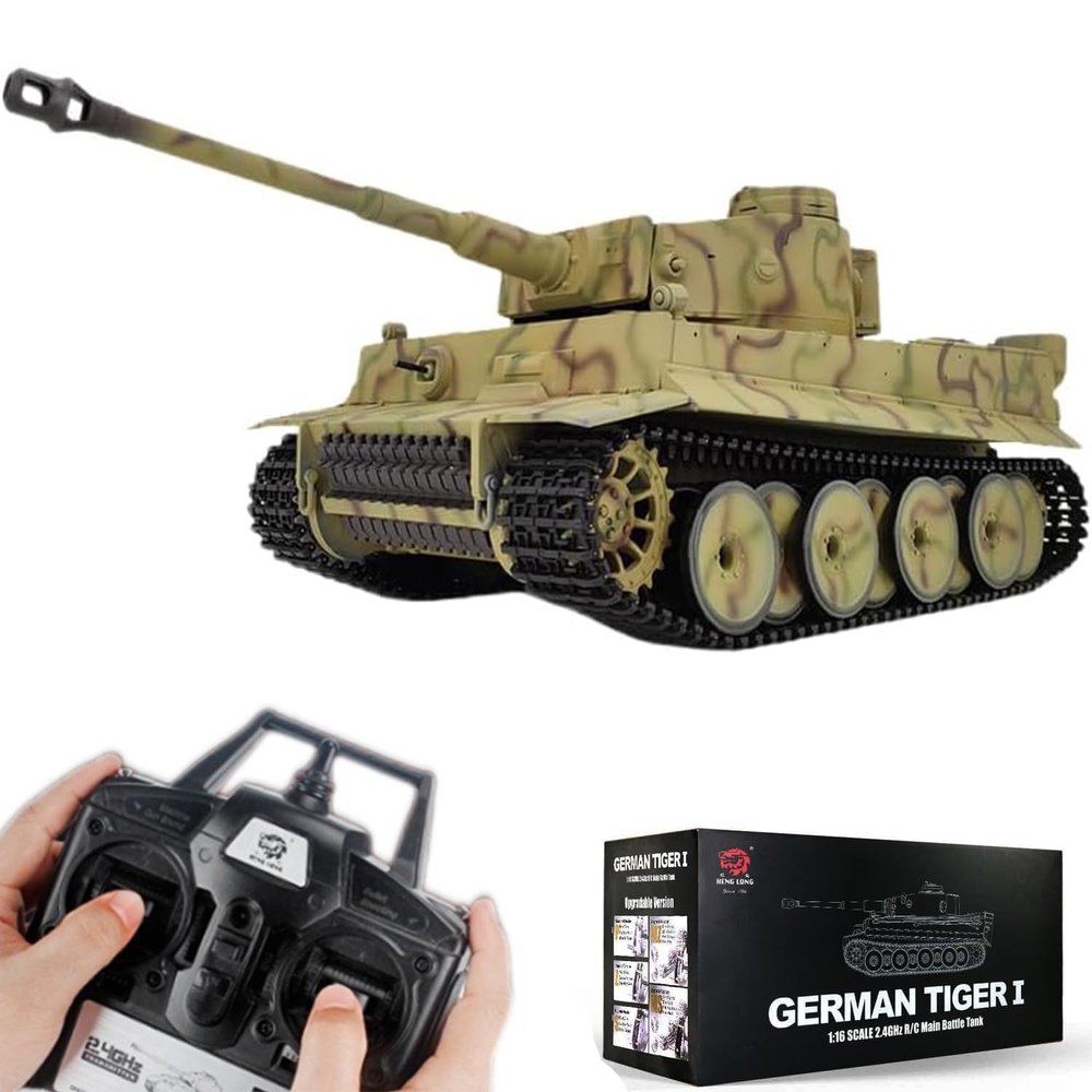 Ssccgym German Tiger I Remote Control Tank Simulation 1/16 Scale RC Tank Vehicle Turret Rotating Gun Barrel Rising/Falling Smoke (3-Color Camouflage Upgrade RC Tank)