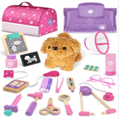 Lehoo Castle Toys for 3 4 Years Old Girls, Vet Play Sets, Wooden Doctor Kit for Toddlers 3-5 Pink, Pretend Play Dr Kits with Puppy, Dog Bag, Medical Accessories