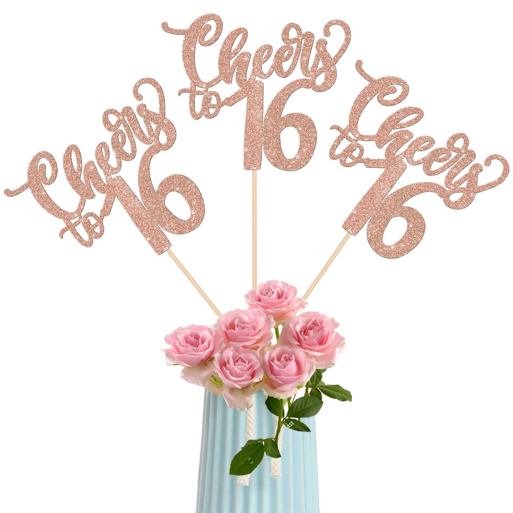 12 Pack Happy 16th Birthday Centerpiece Sticks Assembled Glitter Cheers to 16 Years Birthday Table Centerpiece Sticks for 16 Fabulous Theme Party Supplies Rose Gold