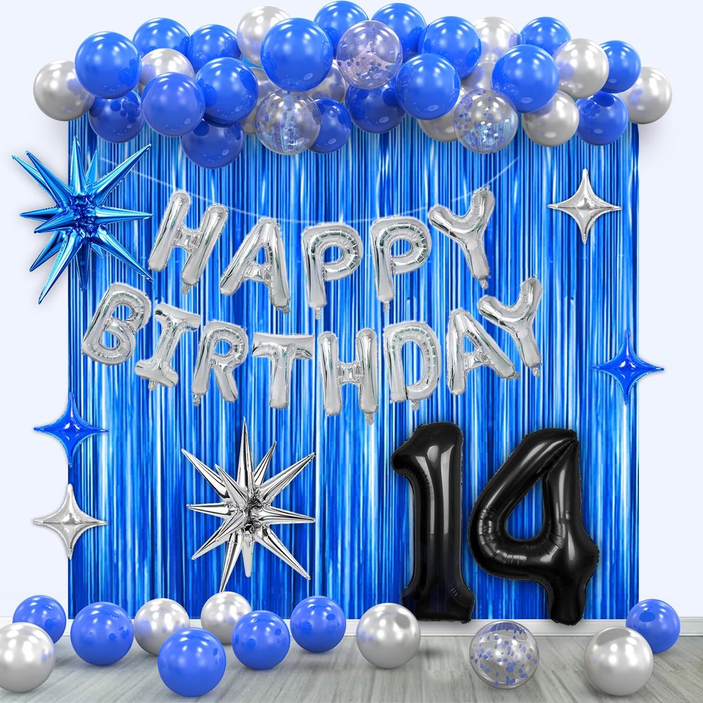 14th Birthday Party Decorations for Boys, Navy Blue Silver Black Happy 14 Birthday Decorations Set with Backdrop Banner 14 Number Balloons for Him 14 years old.