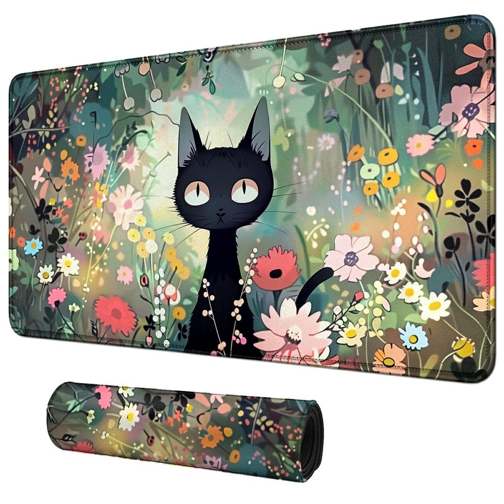 BFDHGQZC Black Cat Among Flowers for MTG & TCG Playmat, 24" x 14" Mouse Pad for MTG/RPG/CCG Trading Card Games