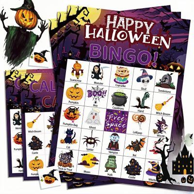 DimiGlobal 24 Halloween Bingo Game Cards for Kids Halloween Party Paper Bingo Cards Bulk,School Classroom Games,Halloween Party Supplies,Family Game Set Cards