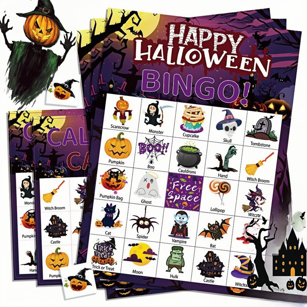 DimiGlobal 24 Halloween Bingo Game Cards for Kids Halloween Party Paper Bingo Cards Bulk,School Classroom Games,Halloween Party Supplies,Family Game Set Cards