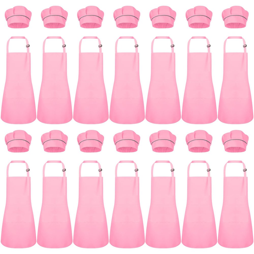 Handepo 28 Pcs Kid Apron and Chef Hat Set Adjustable Bib Apron with Pockets for Kids Cooking Baking Painting Crafting(Pink)