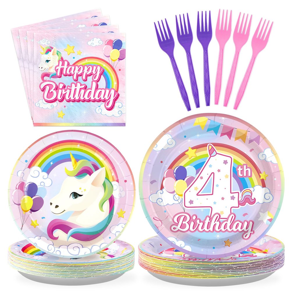 96 Pcs Unicorn 4th Birthday Party Decorations 350 GSM Disposable Rainbow Unicorn Plates and Napkins Tableware Set for Girls Unicorn Themed 4th Birthday Party Baby Shower Supplies Decorations Serves 24