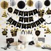 YEOCU 40th Birthday Decorations, Happy Birthday Banner with Honeycomb Balls, Gifts Hanging Swirl Streamers, Circle Dots Garland - Happy Birthday Party Decorations for Women Men (Black and Gold, 40th) view 2