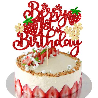 Ephlyn 1Pc Berry 1st Birthday Cake Topper Glitter Sweet Fruit Theme First Birthday Strawberry One Cake Pick for Strawberry Theme Baby Shower Kids 1st Birthday Party Decorations Supplies
