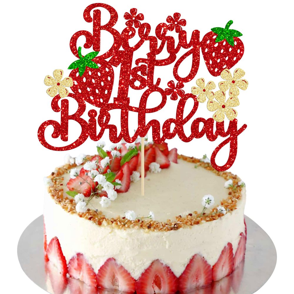 Ephlyn 1Pc Berry 1st Birthday Cake Topper Glitter Sweet Fruit Theme First Birthday Strawberry One Cake Pick for Strawberry Theme Baby Shower Kids 1st Birthday Party Decorations Supplies