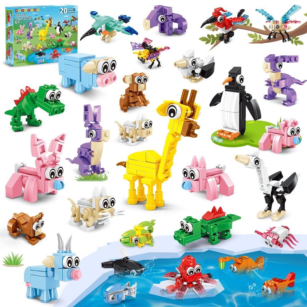 HOGOKIDS 20 Packs Valentines Party Favors for Kids, 60 Kinds of Mini Animals Toy Building Block Set for Valentines Day Classroom Prizes Goodie Bag Stuffers Birthday Gifts for Boys Girls Ages 6-12+