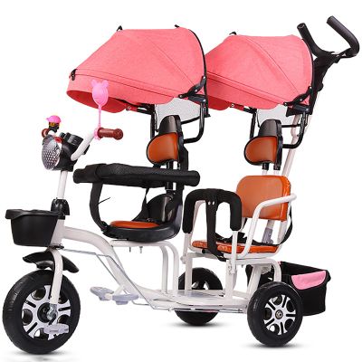 JIYIAN 4-in-1 Twin Baby Stroller Tricycle,Double Seat Bicycle, Infant Child Trolley, Travel Umbrella Carriage Children's tricyclec Walking Artifact,Pink