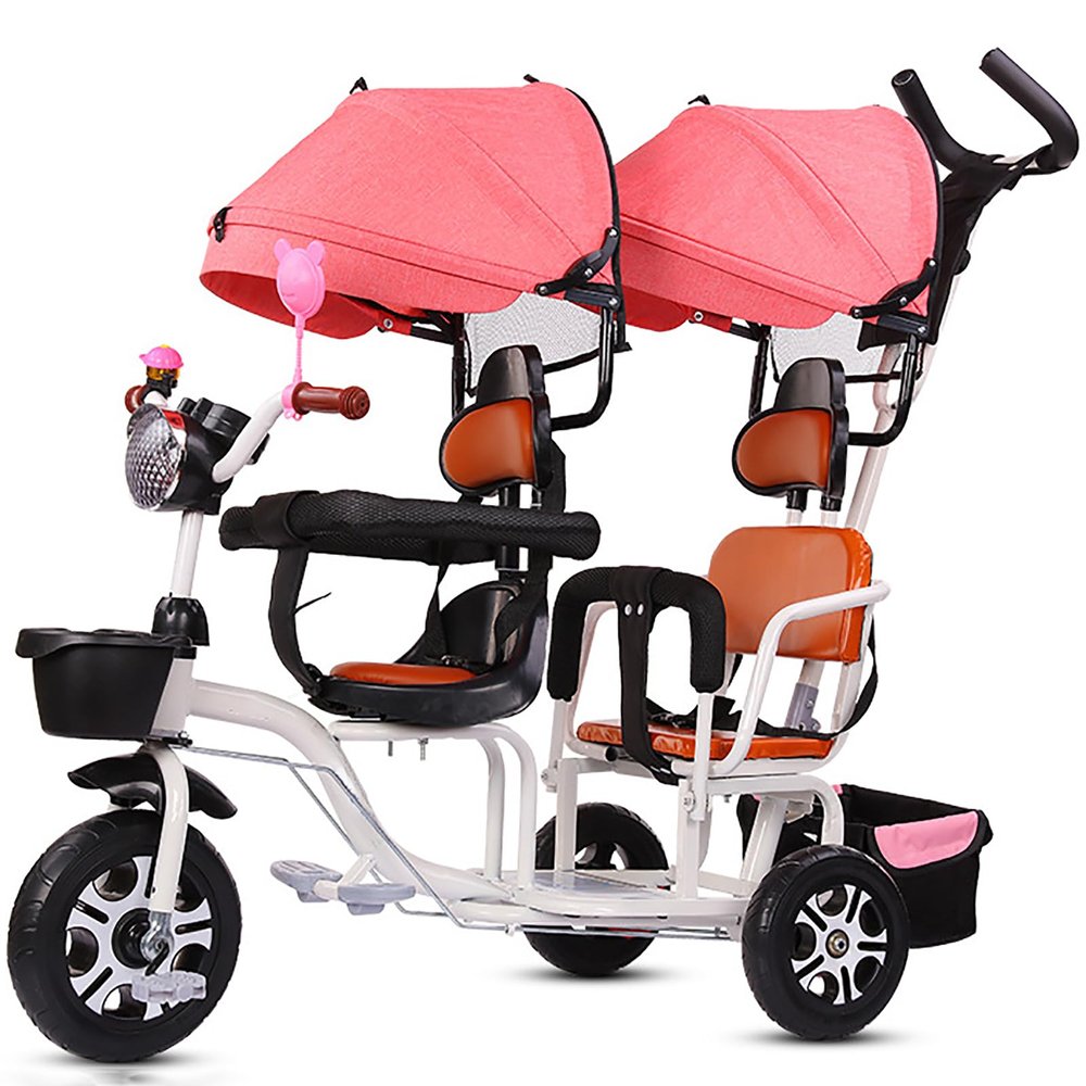JIYIAN 4-in-1 Twin Baby Stroller Tricycle,Double Seat Bicycle, Infant Child Trolley, Travel Umbrella Carriage Children's tricyclec Walking Artifact,Pink