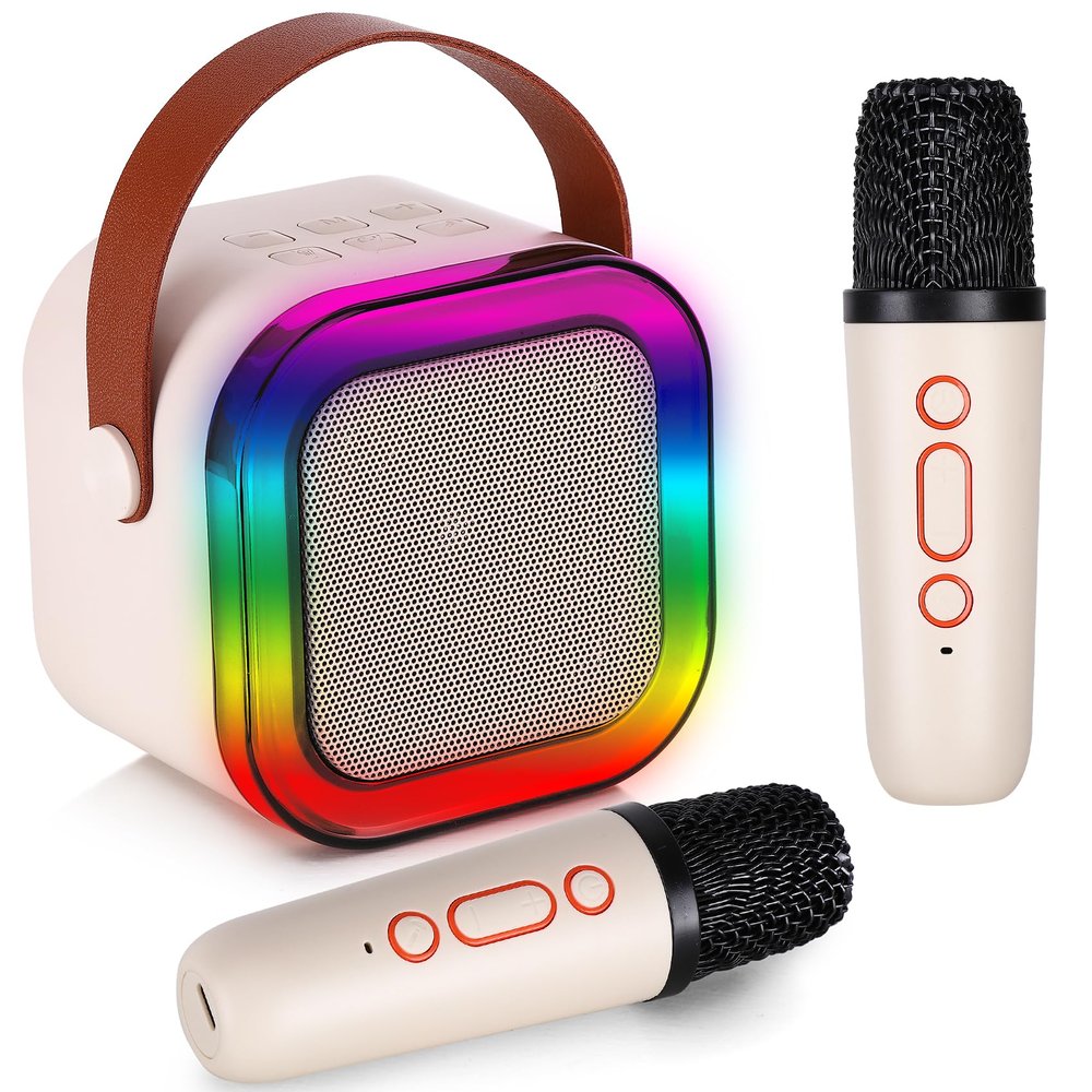 Mini Karaoke Machine with 2 Wireless Microphones, Kids Karaoke Machine for Girls 18 Pre-Loaded Songs 4, 5, 6, 7, 8, 10, 12+ Years Old Teens Birthday White Blue (White)